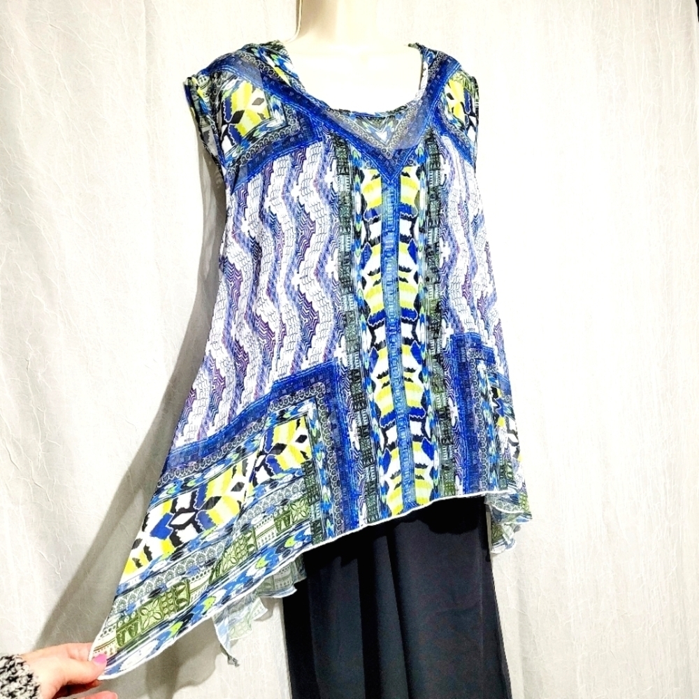 Energe' World Wear 2pc Blue/Yellow Layered Blouse (L)